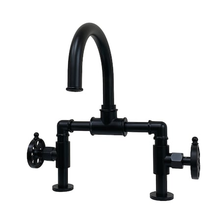 Kingston Brass Indstrl Style Wheel Handle Bridge Bathroom Faucet W/Pop-Up Drain, Blk KS2170RX